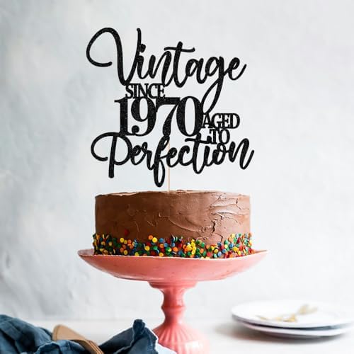 Kaoenla Glitter Vintage Since 1970 Cake Topper, Black Sparkle Aged to Perfection 56th Birthday & Anniversary Party Cake Decoration