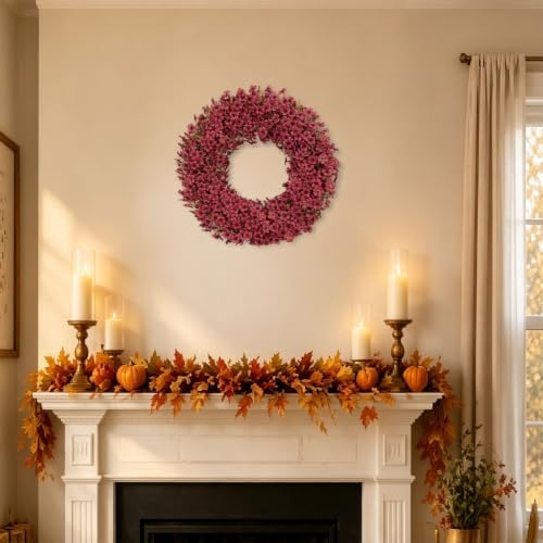 24" burgundy fall wreath for front door, artificial, view 9