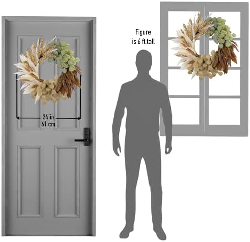 24" fall wreath for front door, faux leaves on a desk or shelf