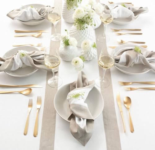Solino Home 100% Linen Table Runner, 14 x 108 in, Natural and White Border
