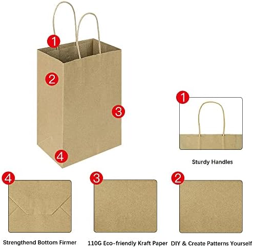 Oikss 100 Pack 5.25x3.25x8.25 Inch Small Plain Natural Kraft Paper Gift Bags with Handles Bulk for Birthday Party Favors Grocery Retail Shopping Business Goody Craft Bags Cub Sacks (Brown 100 Count)