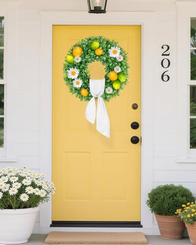 vlorart 24 inch faux round boxwood wreath, weatherproof, front angle view