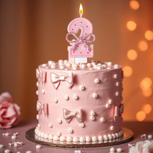 Pink Birthday Candles with Bows, 3.3 Inch Birthday Candles for Cake Decorations, Cute Anniversary Celebration Supplies for Girls and Women (2)