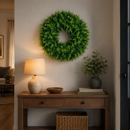 whanley 24 inch artificial boxwood wreath for front, front angle view