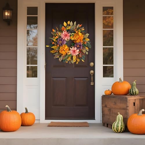 24" fall wreaths for front door outside,autumn wreath, close-up detail