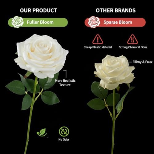 white rose artificial flowers bulk, ivory silk fake showing dimensions