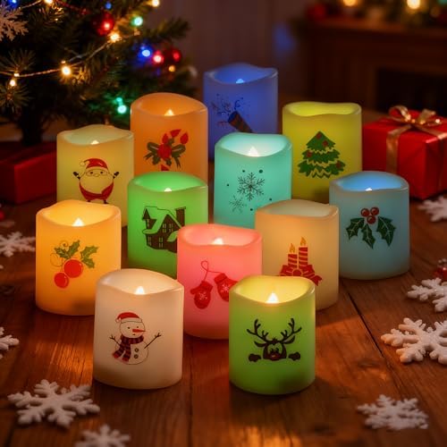 CANDLE CHOICE Christmas Color Changing Battery Operated Flameless Votive Candles Small Realistic Electric LED Votives with Christmas Theme Decals for Xmas Party Decorations 12 Pack Batteries Included