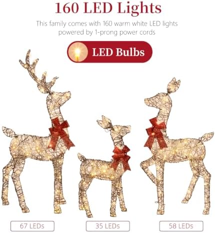 5ft brown rattan deer family set, 160 leds, close-up detail
