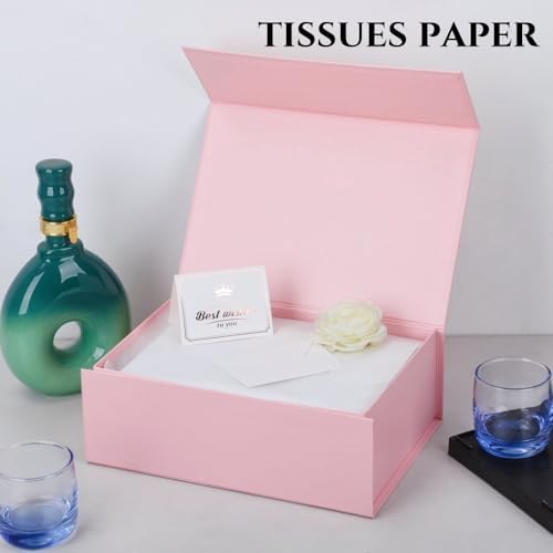 UoeRing 1 Pcs Pink Gift Box 9.5x6x3 Inch with Magnetic Lid | Collapsible Luxury Present Box,for Birthday,Christmas Holiday Gift Includes Card,Ribbon,Tissue Paper & Shredded Filler