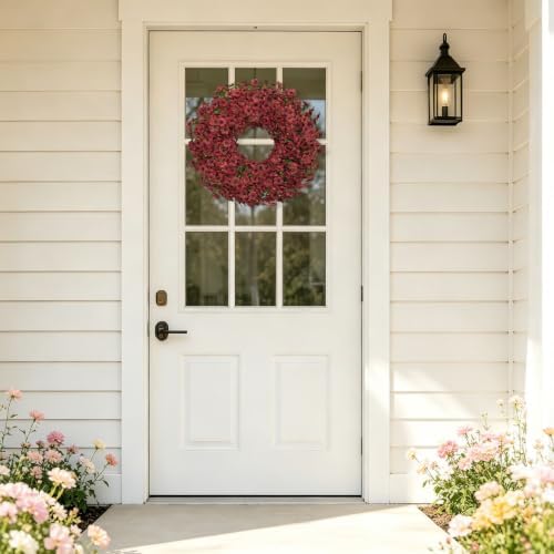 20" burgundy artificial floral wreath for front door showing dimensions