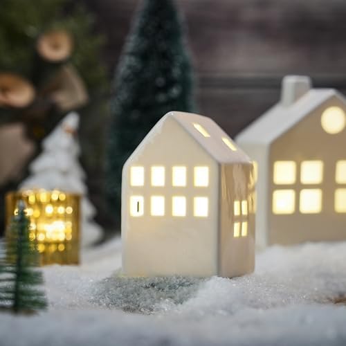 ceramic christmas village houses, white christmas houses with on a desk or shelf