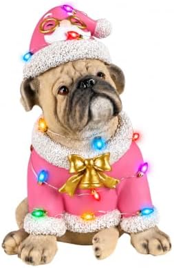 lighted christmas bulldog statue, pink outfit showing dimensions