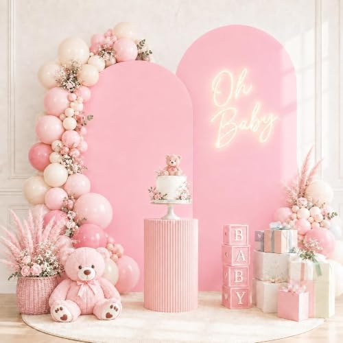 metal arch backdrop stand and pink cover set showing dimensions