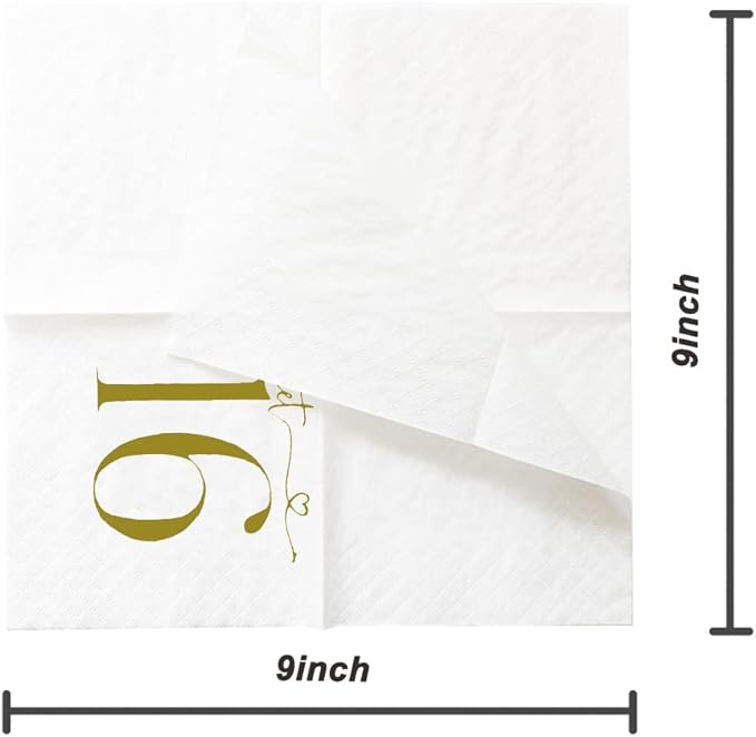 SharkBliss Sweet 16 Happy Birthday Cocktail Napkins, 100 Pack Gold Sweet 16 Happy Birthday Paper Cocktail Beverage Napkins in Bulk for His Her Sixteen 16th Birthday | 2-Ply, 5x5" (Sweet 16 Napkins)