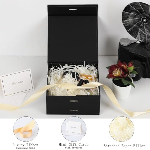 BoxSkivra Black Gift Box with Ribbon 1 Pack 6X6X3 Inch Small Gift Box with Lid Magnetic Closure Rectangle Collapsible Luxury Gift Boxes Shredded Paper Filler & Card
