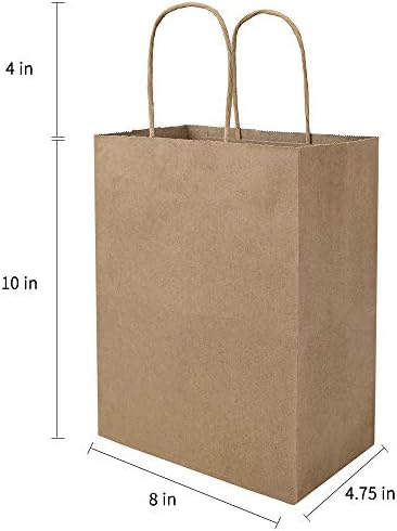 bagmad 100 Pack 8x4.75x10 Inch Plain Medium Paper Bags with Handles Bulk, Brown Kraft Craft Gift Bags, Grocery Shopping Retail Birthday Party Favors Wedding Sacks (Natural Brown, 100pcs)