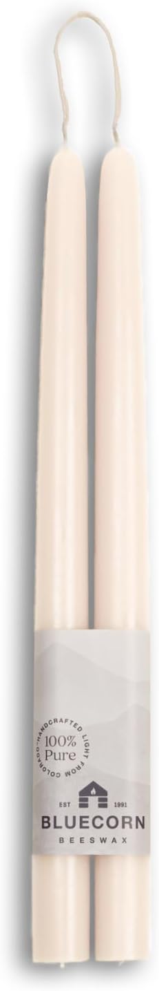 Bluecorn Beeswax Taper Candles, 100% Pure Natural Bees Wax, Pair of 12 Inch Ivory White Tapered Candlesticks, Clean Burning & Dripless, Fragrance Free, Long Lasting, Home Decor, American Made, 1 Count