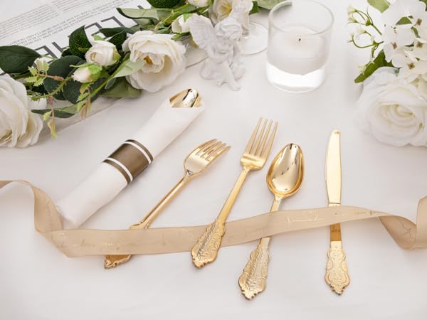 400PCS Pre Rolled Gold Plastic Silverware Sets - Heavy Duty Fancy Gold Cutlery - Include 100 Pack Wrapped Disposable Utensils with Napkins for Parties, Dinners & Weddings