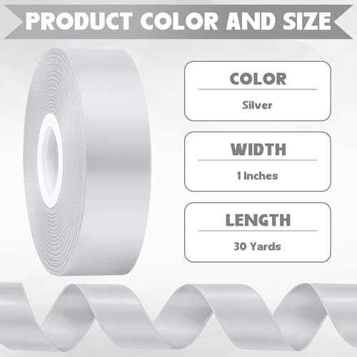 1In 30Yards Silver Satin Ribbon for Flower Bouquet Christmas Wedding Party | Metallic Glossy, Wear Resistant, Easy Cut, Soft Thick Polyester, Double Stitched Edges, for Bouquets, Lei Making and Crafts