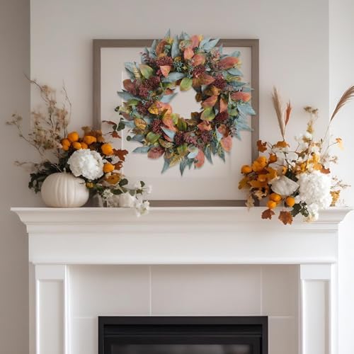 22-inch fall front door wreath artificial green brown on a desk or shelf