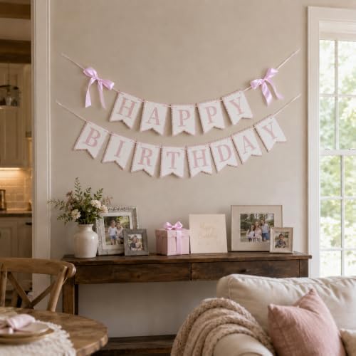 Pink Happy Birthday Banner with Satin Bows, Coquette Bow Birthday Decor | Bow theme party decor for coquette birthdays, cake table displays and photo backdrops.