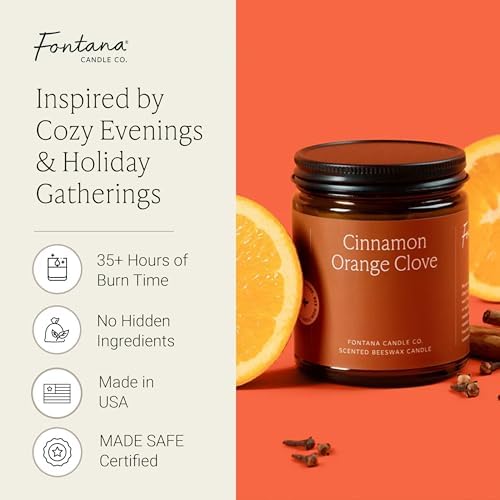 Fontana Candle Co Wood Wick Beeswax Jar Candle, Cinnamon Orange Clove – Made Safe with Coconut Oil & Pure Essential Oils – 35+ Hrs Clean Burn, Long Lasting and Non-Toxic Candles for Home & Room Decor