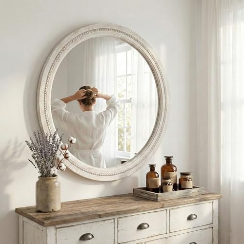 solid wood 30 inch round beaded bathroom mirror, package contents