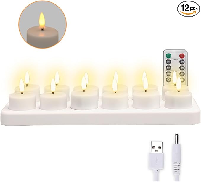 Rechargeable LED Tea Lights, Flickering Flameless Candles with Remote Timer, 12 PCS Electric Battery Operated Candles with Charging Base for Christmas Weddings Decorative (Black Wick)