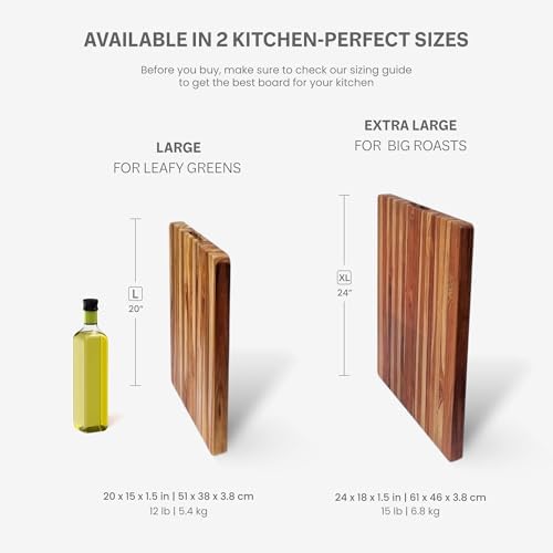 teakhaus edge-grain teak wood cutting board with grip, close-up detail
