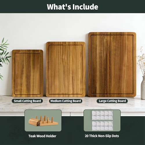 teak cutting board set for kitchen, 3 pack, front angle view