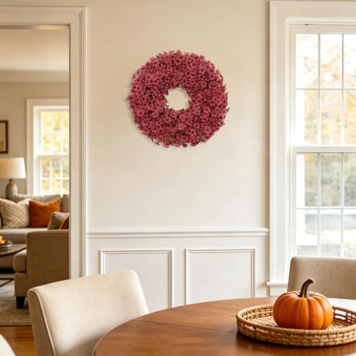 20" burgundy fall wreath for front door, artificial, front angle view