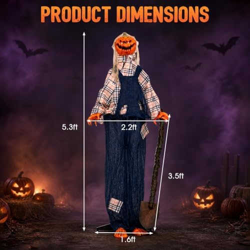 tangkula 5.3 ft animated halloween standing pumpkin scarecrow, side view
