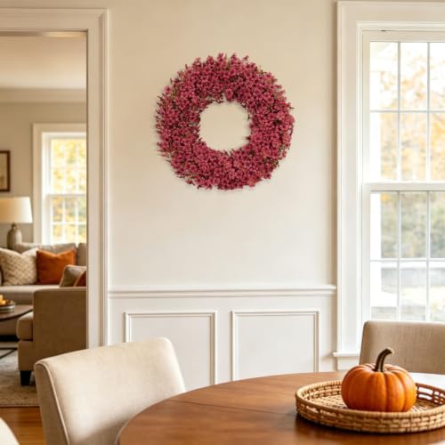 24" burgundy fall wreath for front door, artificial, front angle view