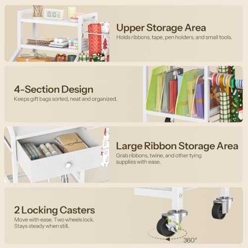 hoobro wrapping paper storage cart, rolling gift wrap, front angle view