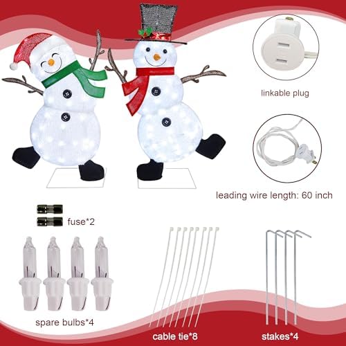 lulu home 2-pack lighted christmas snowman decorations, 3.1+2.5ft, close-up detail
