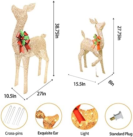 38in christmas deer set decoration 2pc deers, lighted, close-up detail