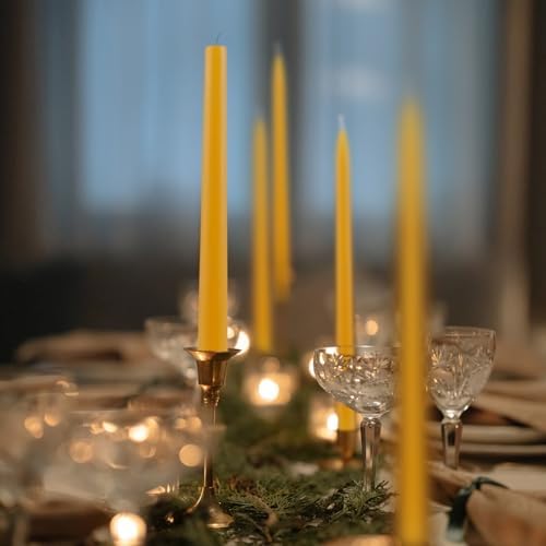 24 Pack Beeswax Taper Candles in Bulk 8 inch Tall - All Natural, 100% Pure Unscented Bee Wax Candle, Dripless, 5 Hours Burnning Time -Yellow