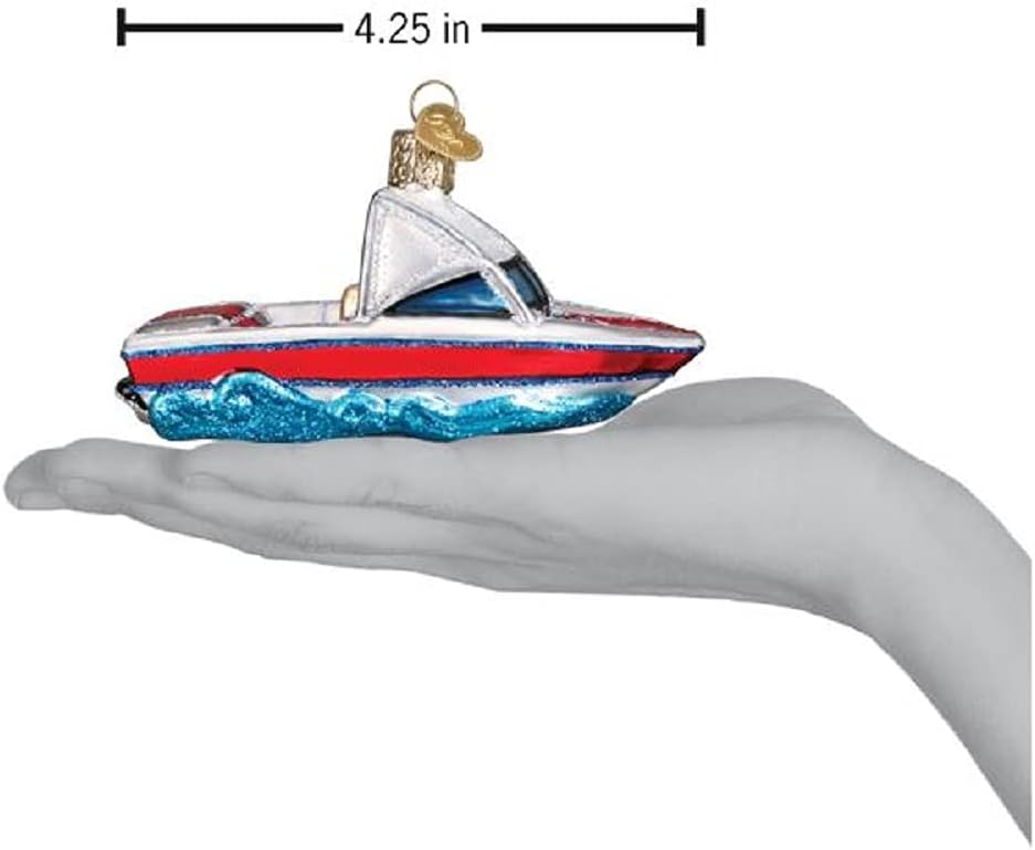Old World Christmas Ski Boat Glass Blown Ornament for Christmas Tree, Handcrafted Holiday Decoration, Boating Collection