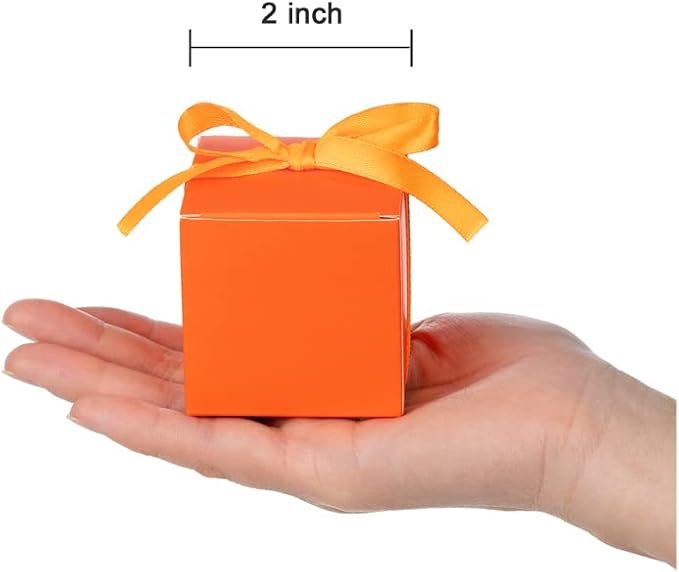 AWELL Orange Gift Candy Box Bulk 2x2x2 inches with Orange Ribbon Party Favor Box for Graduation Halloween Party,Pack of 50