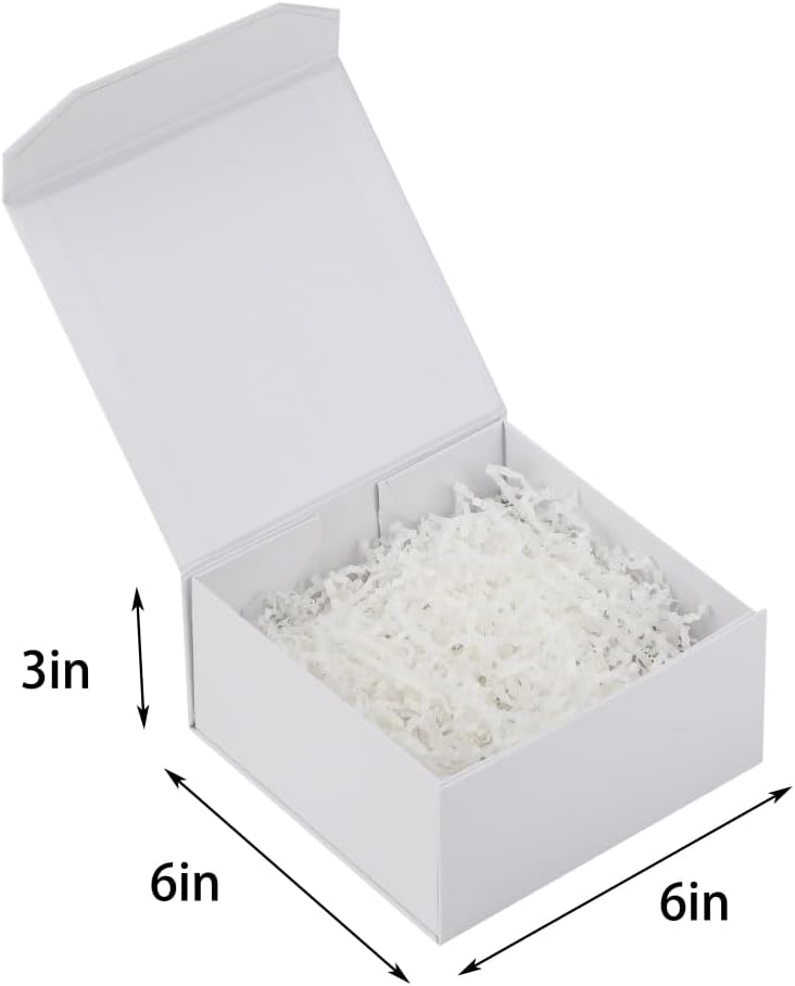 1 Pcs 6x6x3 Inch White Magnetic Gift Box Small Magnetic Box with Crinkle Paper White Small Gift Box with Shredded Paper Luxury Gift Boxes with Lids for Presents