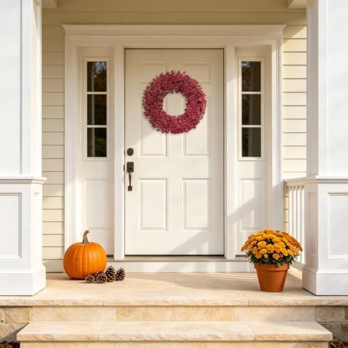 24" burgundy fall wreath for front door, artificial on a desk or shelf