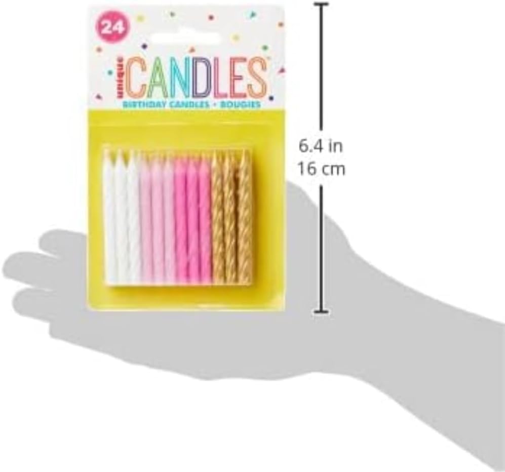 Vibrant Pink White & Gold Spiral Birthday Candles - (Pack of 24) - Premium Quality & Dazzling Assorted Color - Ideal for Birthday Celebrations