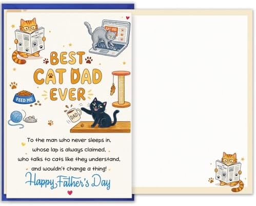 FaCraft Funny Fathers Day Card from Cat - 8x5.5 Best Cat Dad Ever Humorous Happy Fathers Day Card for Husband, Grandpa - Unique Pet Parent Gift Set with Envelope, Seal from Daughter Son