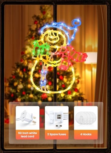 christmas window lights,wreath,candy cane, snowflakes, snow man, side view
