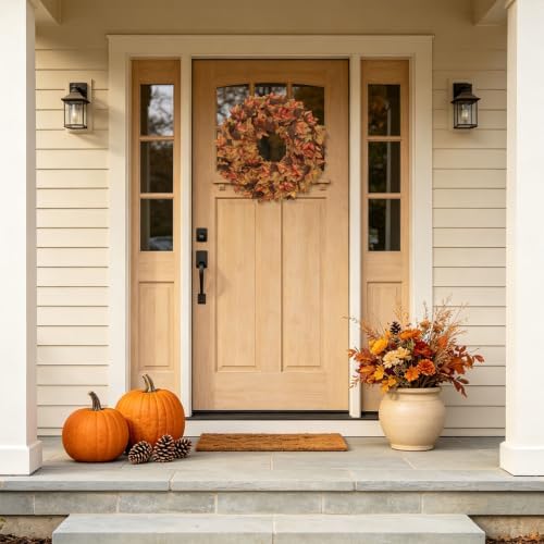 20" fall wreath for front door, artificial maple, side view