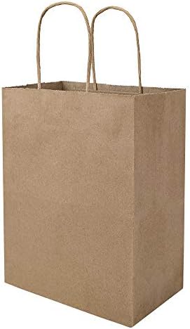 bagmad 100 Pack 8x4.75x10 Inch Plain Medium Paper Bags with Handles Bulk, Brown Kraft Craft Gift Bags, Grocery Shopping Retail Birthday Party Favors Wedding Sacks (Natural Brown, 100pcs)