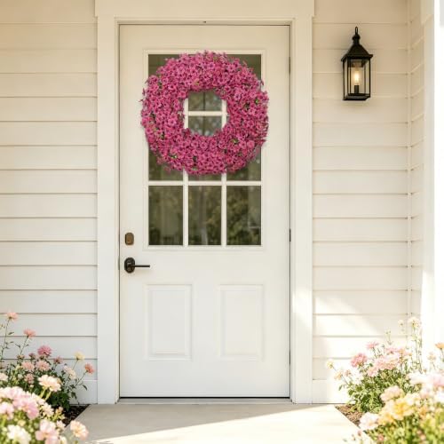24" fuchsia artificial floral wreath for front door, front angle view