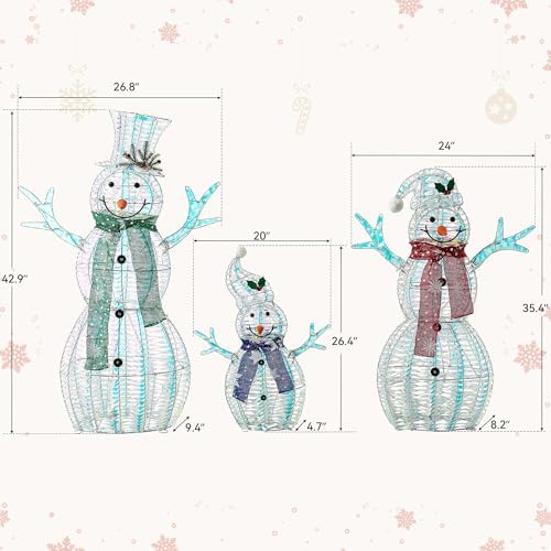 large christmas snowman family decorations with iridescent rattan, front angle view
