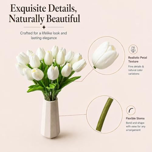 Mandy's 20pcs Artificial White Tulips | 13.5 Inch Lifelike PU Tulips Faux Floral Arrangement for Kitchen Island Dining Table Centerpieces and Home Decor