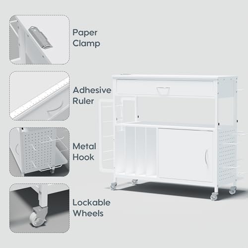 height-adjustable gift wrapping station with paper clamp &, side view